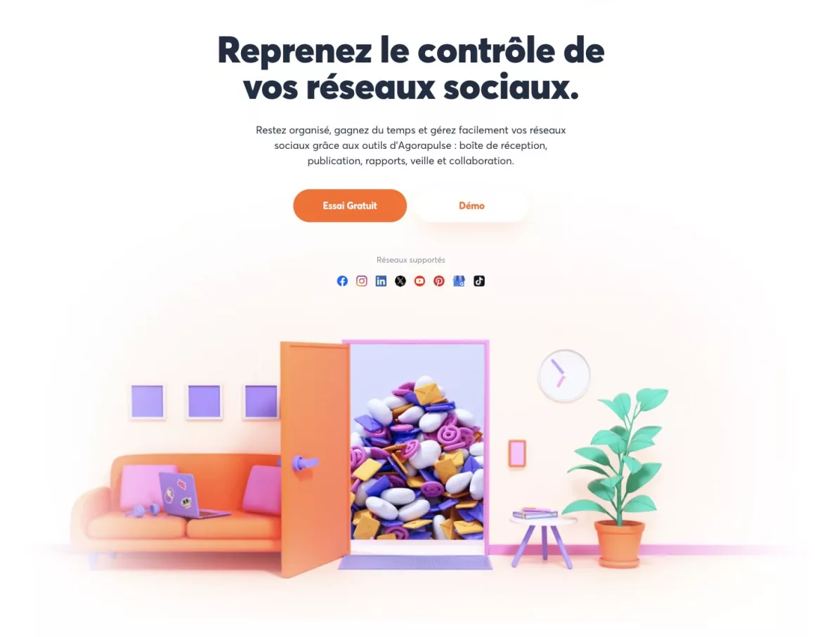 Bureau virtuel coloré pour gestion réseaux sociaux.