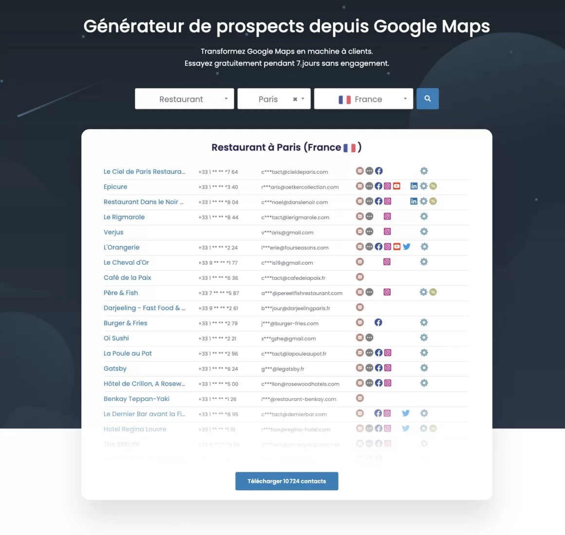 Interface de génération de prospects, restaurants à Paris.