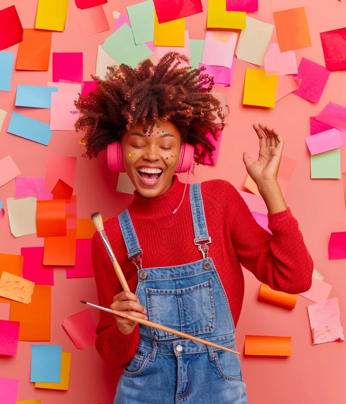 Femme joyeuse avec écouteurs et note adhésives.