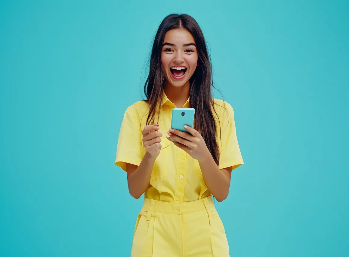 Femme souriante avec smartphone sur fond bleu.