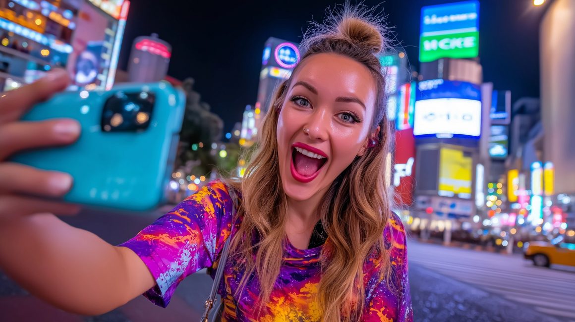 Personne souriant, prenant selfie, scène urbaine lumineuse.