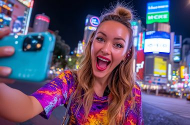 Personne souriant, prenant selfie, scène urbaine lumineuse.
