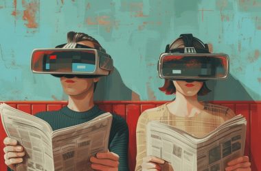 Deux personnes lisant avec casques de réalité virtuelle