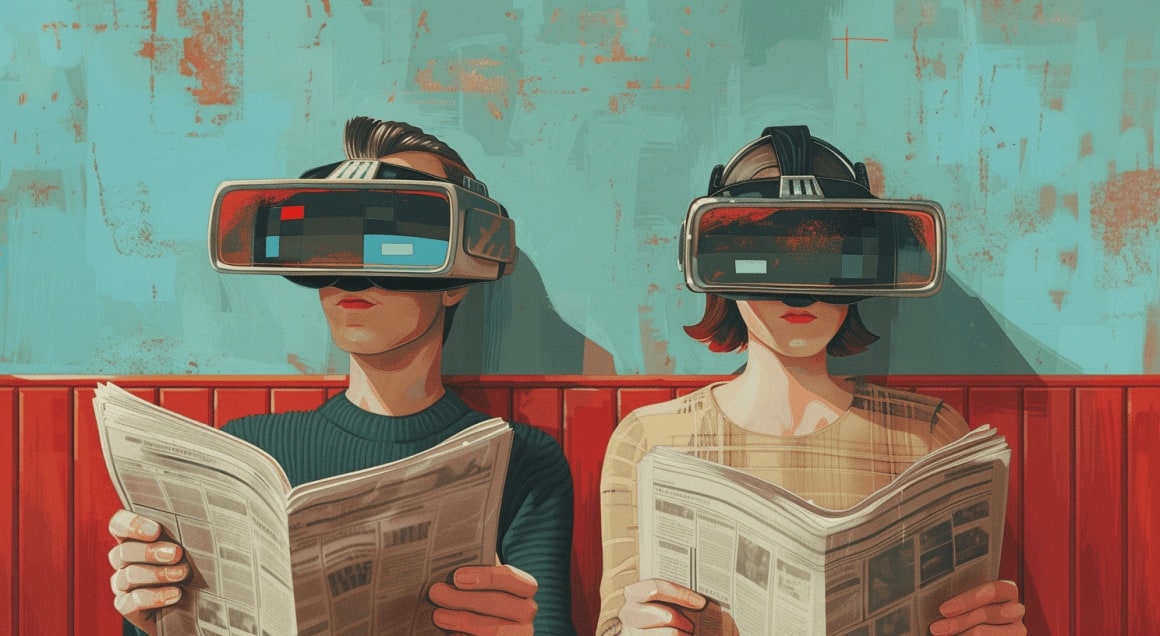 Deux personnes lisant avec casques de réalité virtuelle