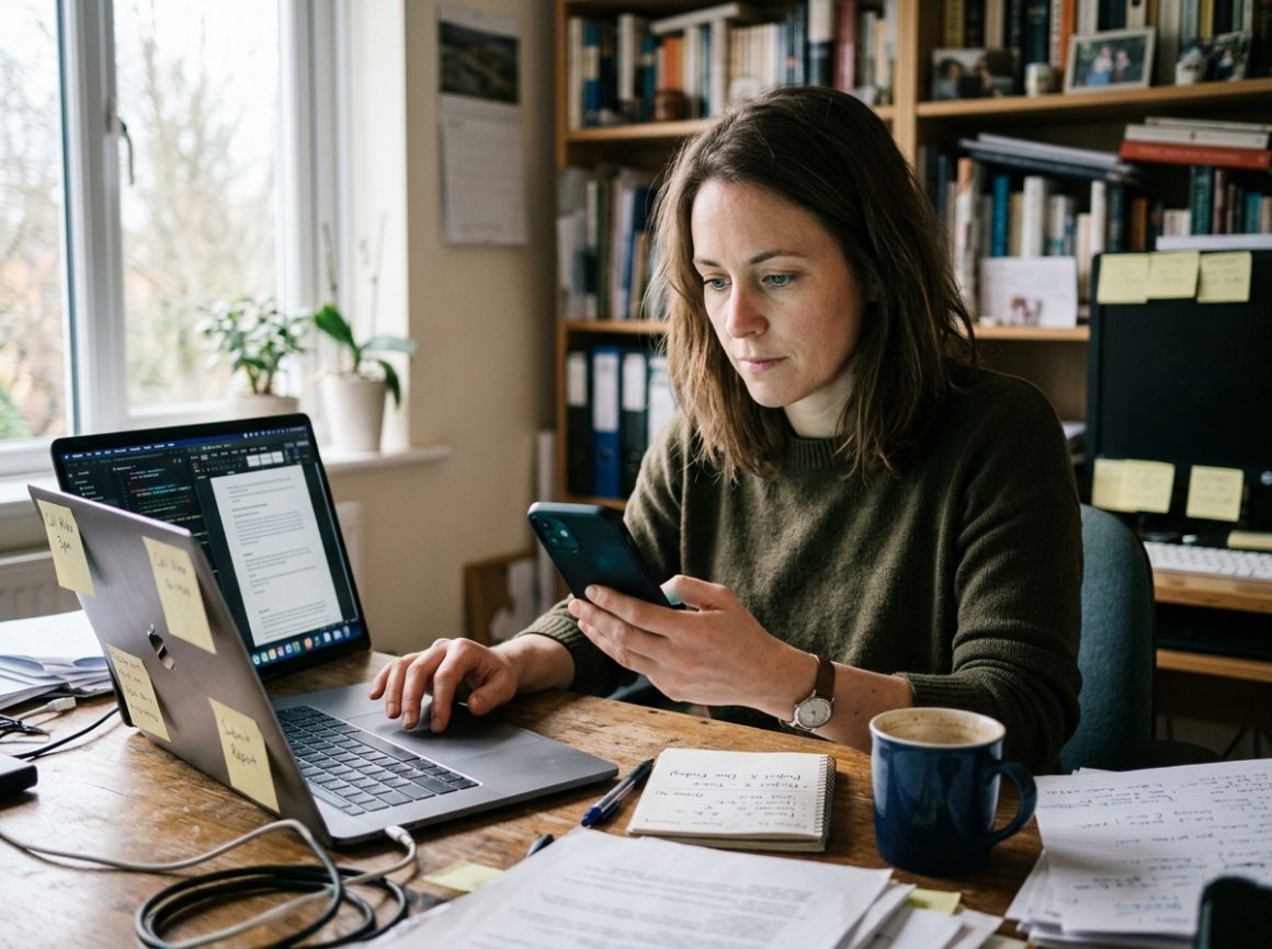 Femme travaillant sur ordinateur et mobile