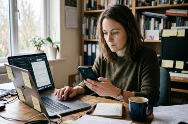 Femme travaillant sur ordinateur et mobile