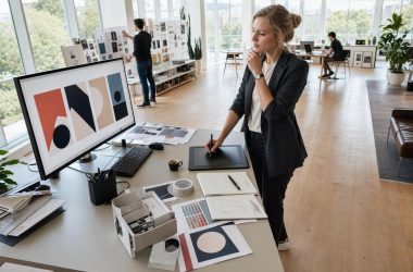 Designer graphique travaillant sur tablette dans bureau moderne