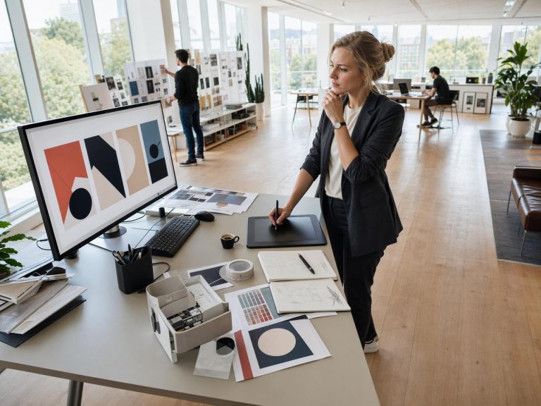 Designer graphique travaillant sur tablette dans bureau moderne
