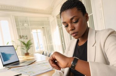 Femme consultant sa montre connectée au bureau