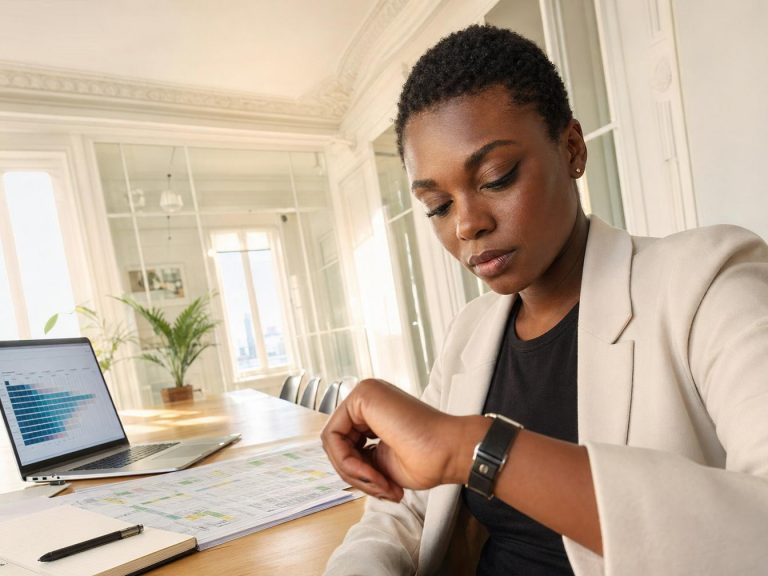 Femme consultant sa montre connectée au bureau