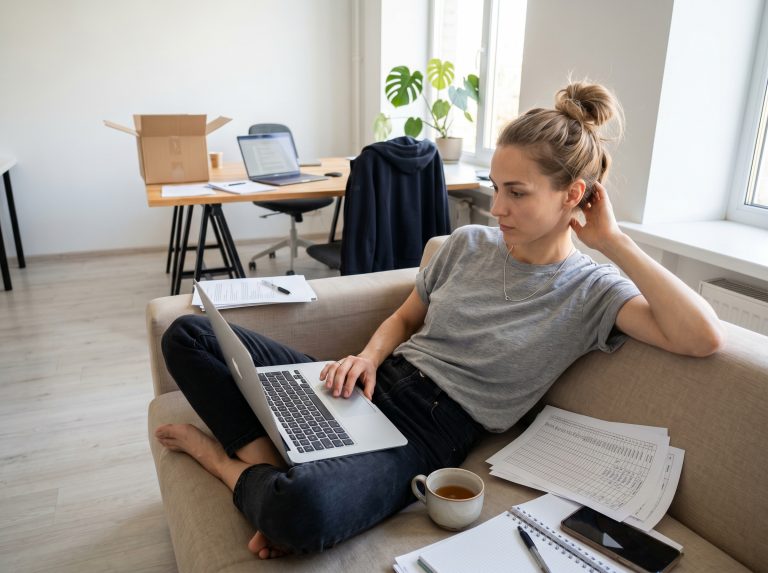 Femme travaillant sur ordinateur portable depuis son canapé