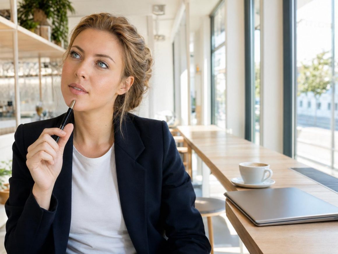 Femme réfléchissant dans un café avec ordinateur portable