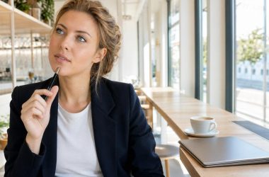 Femme réfléchissant dans un café avec ordinateur portable