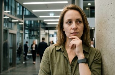 Femme pensante dans un hall moderne