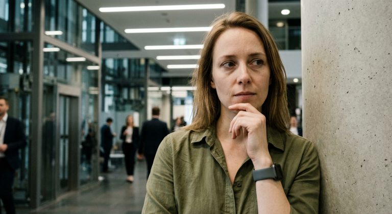 Femme pensante dans un hall moderne