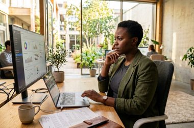 Femme travaillant sur ordinateur dans bureau moderne