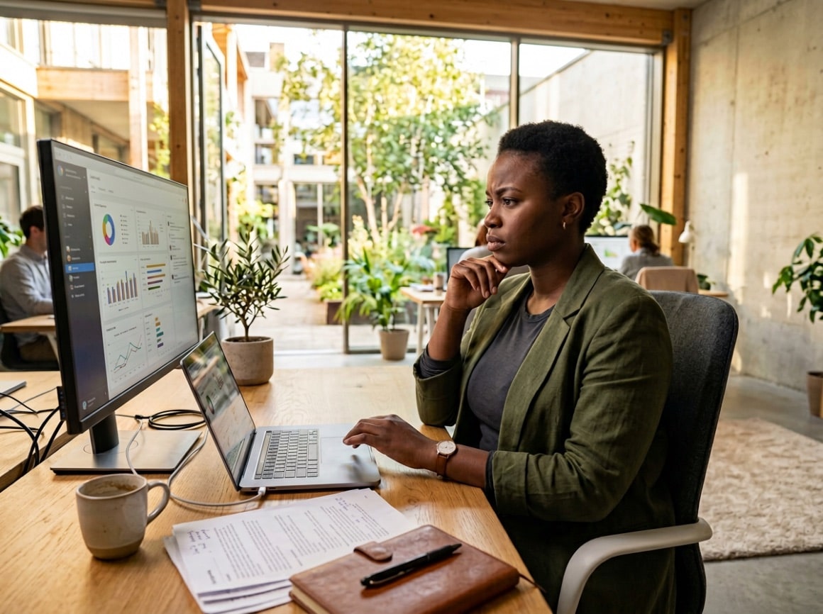 Femme travaillant sur ordinateur dans bureau moderne