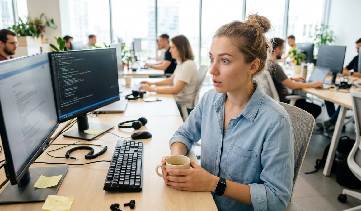 Femme surprise devant écran d’ordinateur au bureau