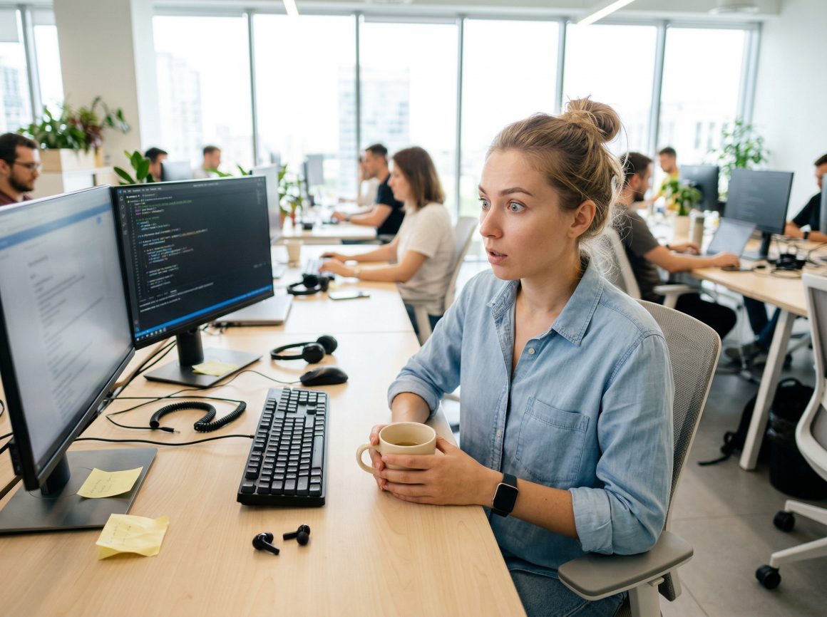 Femme surprise devant écran d’ordinateur au bureau