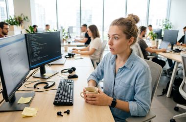Femme surprise devant écran d’ordinateur au bureau