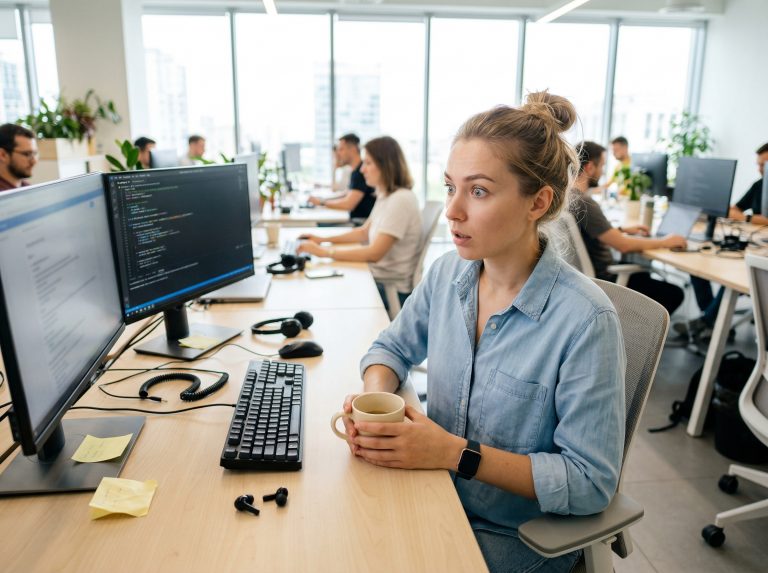 Femme surprise devant écran d’ordinateur au bureau