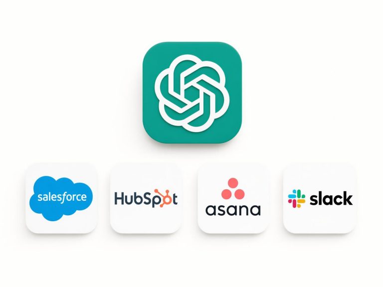 Logo ChatGPT au-dessus des logos Salesforce, HubSpot, Asana, Slack