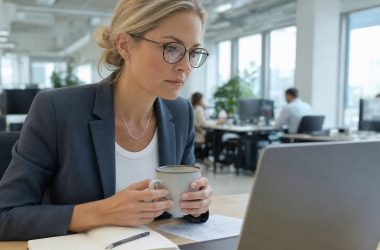 Femme travaillant sur ordinateur portable au bureau moderne