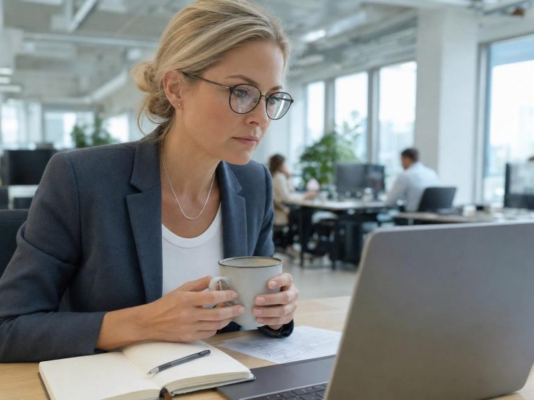 Femme travaillant sur ordinateur portable au bureau moderne