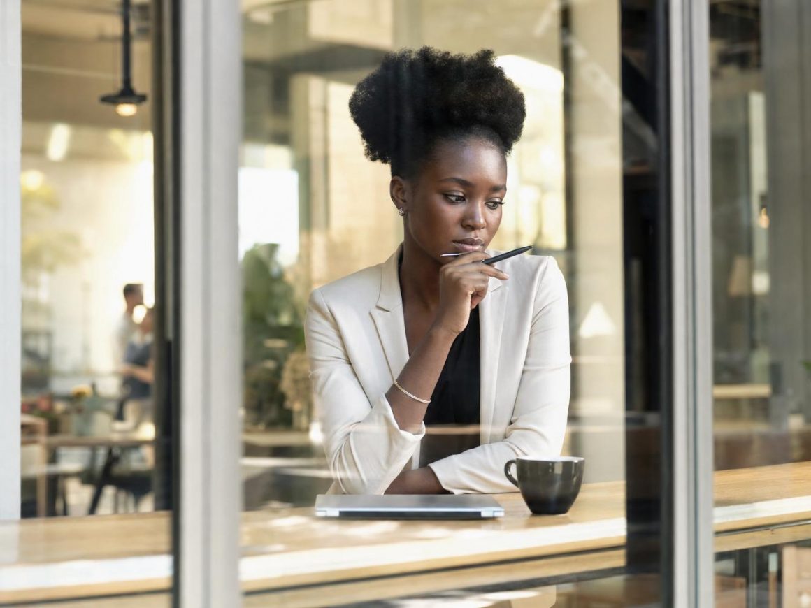 Femme réfléchissant dans un café avec tablette