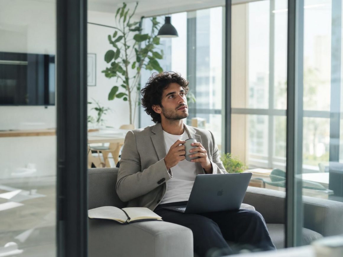 Homme pensif avec ordinateur portable au bureau