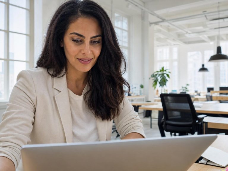 Femme travaillant sur ordinateur portable en bureau moderne