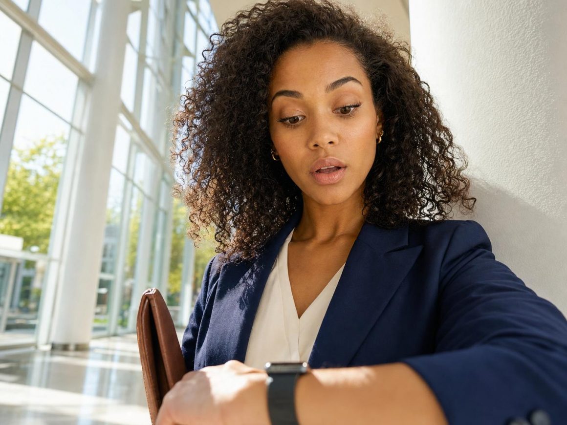 Femme en tailleur regardant sa montre connectée