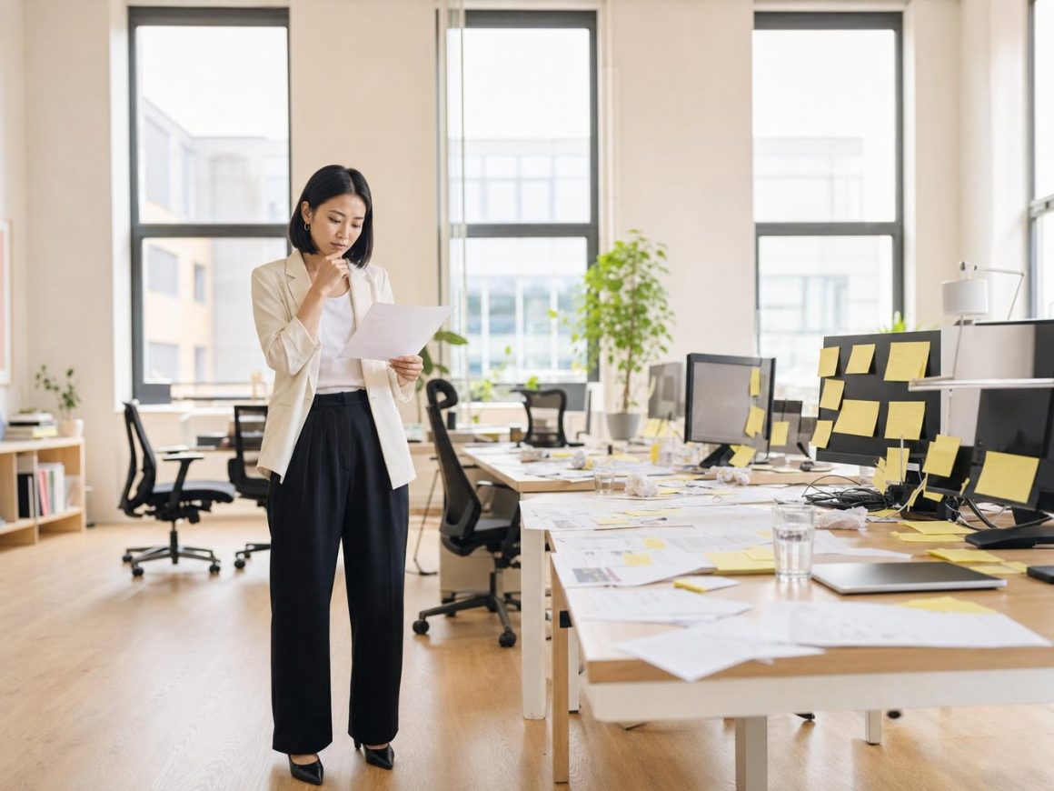 Femme lisant un document dans un bureau moderne