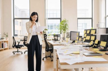 Femme lisant un document dans un bureau moderne