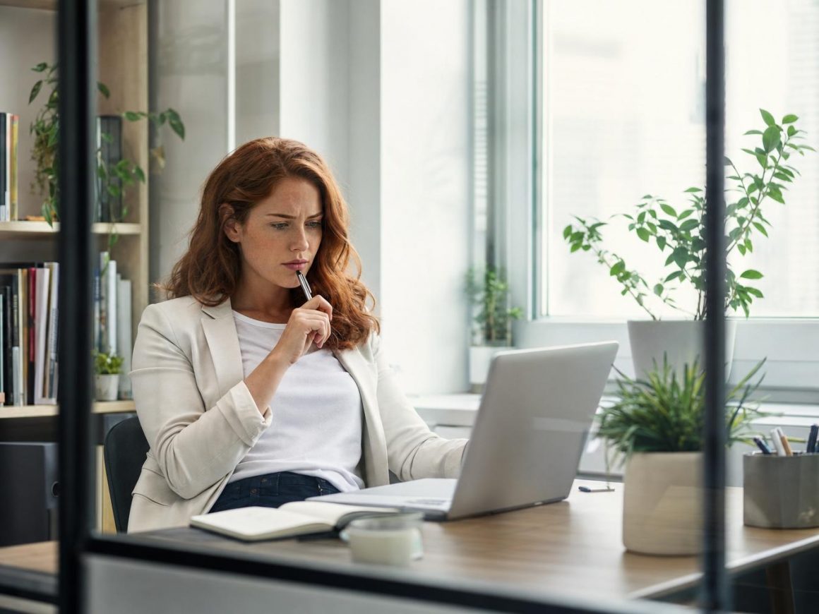 Femme réfléchissant devant ordinateur portable au bureau