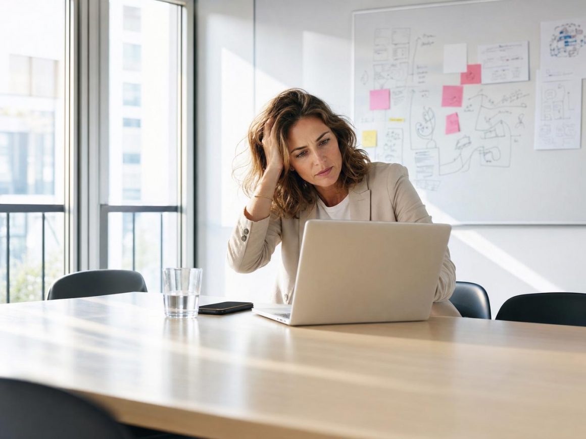 Femme concentrée devant ordinateur portable au bureau