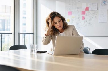Femme concentrée devant ordinateur portable au bureau