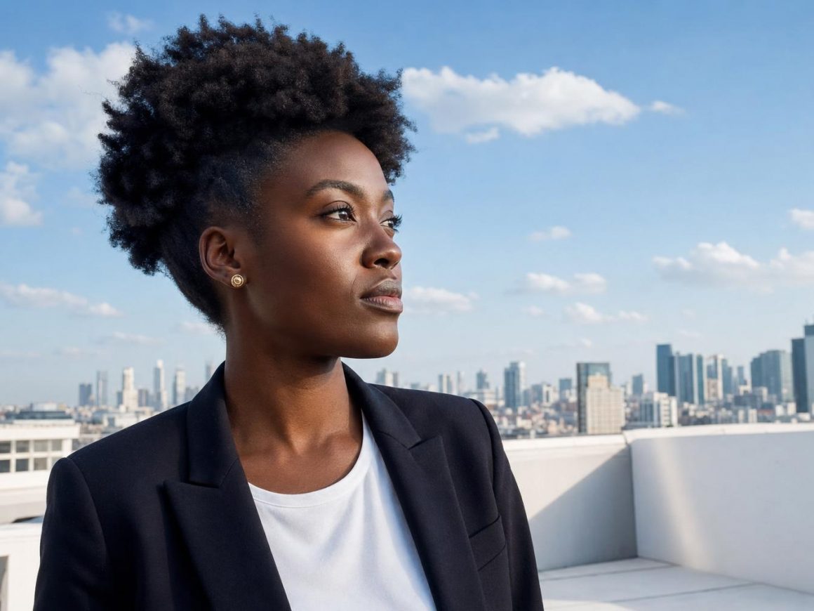 Professionnelle concentrée sur une terrasse, incarnant la stratégie AEO B2B
