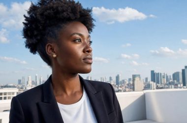 Professionnelle concentrée sur une terrasse, incarnant la stratégie AEO B2B