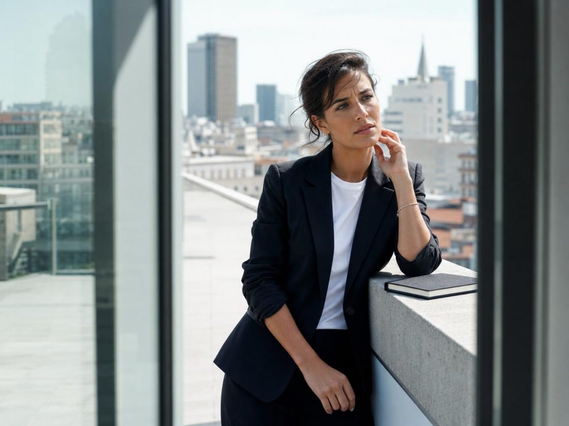 Femme d'affaires pensive sur un toit urbain