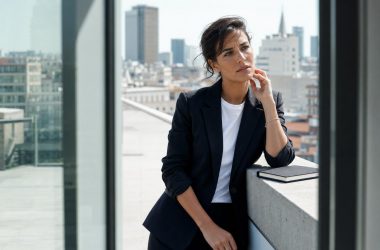 Femme d'affaires pensive sur un toit urbain