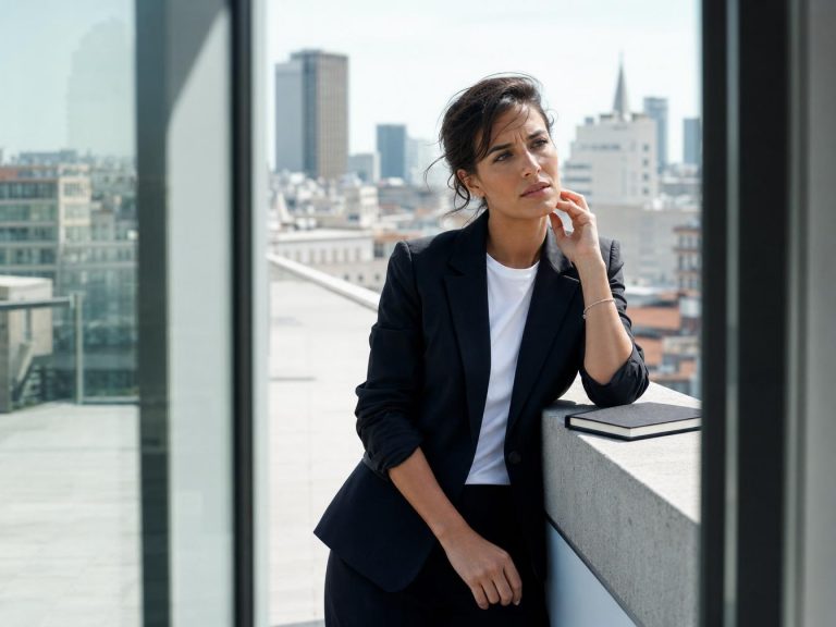 Femme d'affaires pensive sur un toit urbain