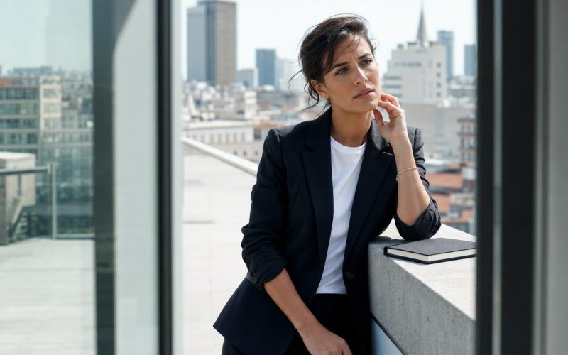 Femme d'affaires pensive sur un toit urbain
