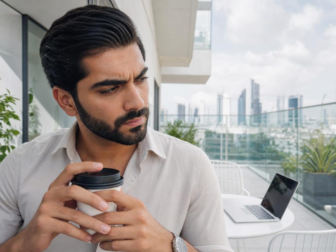 Homme pensif avec café sur balcon urbain