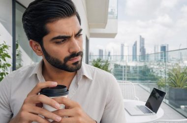 Homme pensif avec café sur balcon urbain