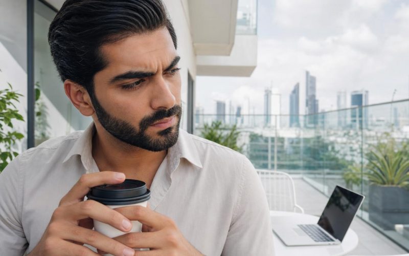 Homme pensif avec café sur balcon urbain
