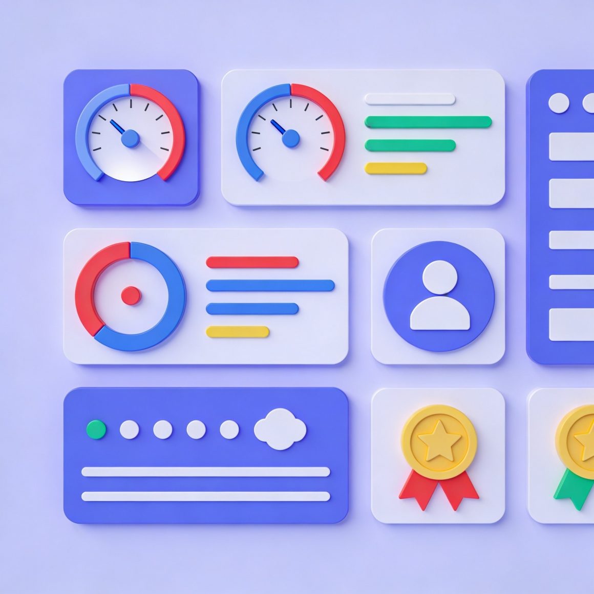Interface tableau de bord avec graphiques colorés 3D