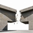 Transferts de données EU-US : le cadre juridique s'effondre — illustration brutaliste d'un pont en béton fissuré au centre, symbolisant la rupture du cadre juridique EU-US
