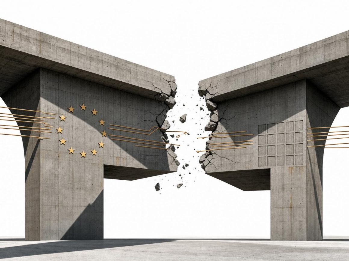 Transferts de données EU-US : le cadre juridique s'effondre — illustration brutaliste d'un pont en béton fissuré au centre, symbolisant la rupture du cadre juridique EU-US