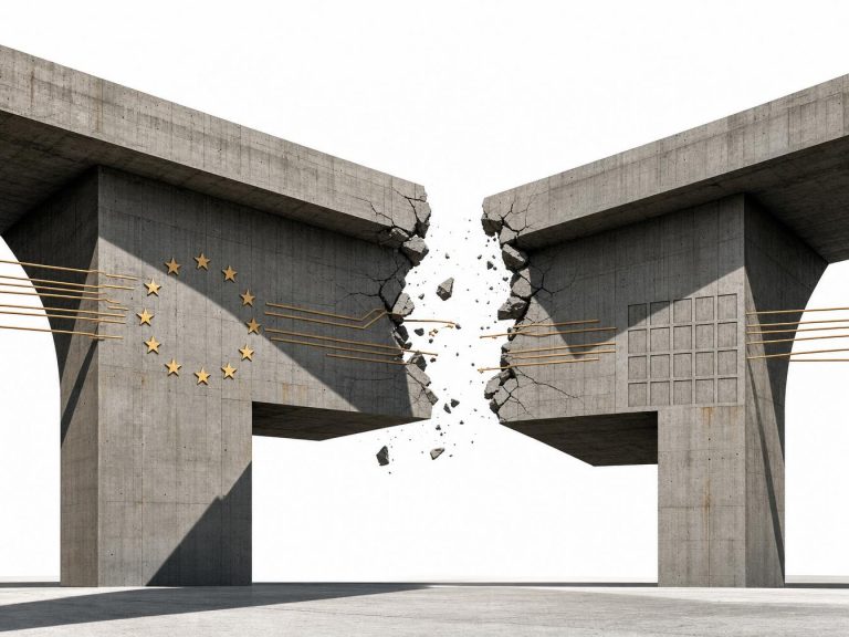 Transferts de données EU-US : le cadre juridique s'effondre — illustration brutaliste d'un pont en béton fissuré au centre, symbolisant la rupture du cadre juridique EU-US